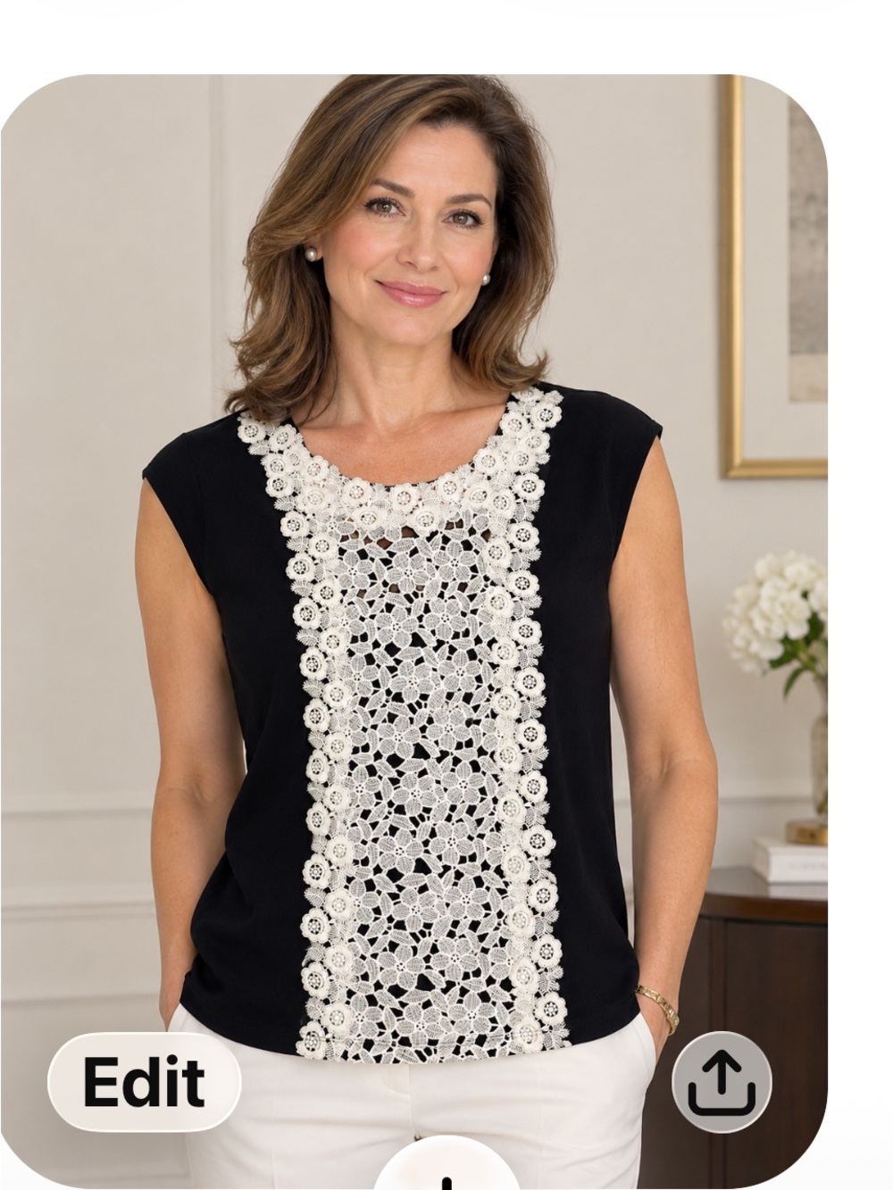 Karl Lagerfeld Black Tank with White Crochet Front Panel